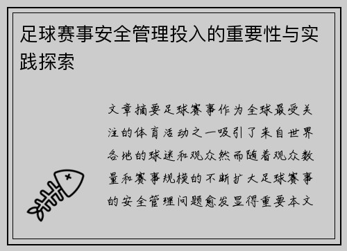 足球赛事安全管理投入的重要性与实践探索